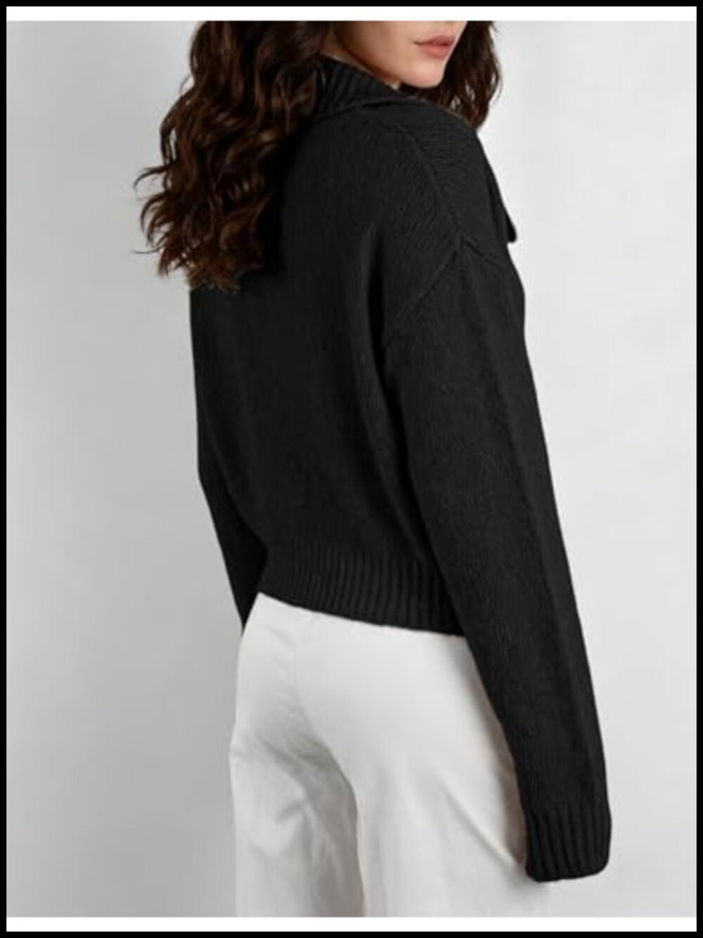 Women's Cropped Cardigan Button Front Ruffled Collar Ribbed Hem - Picture 3 of 6